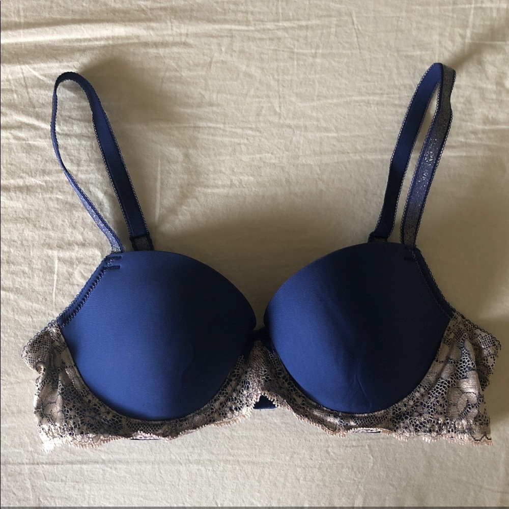VS DREAM ANGELS LINED DEMI Navy Blue/Gold Lace 34B